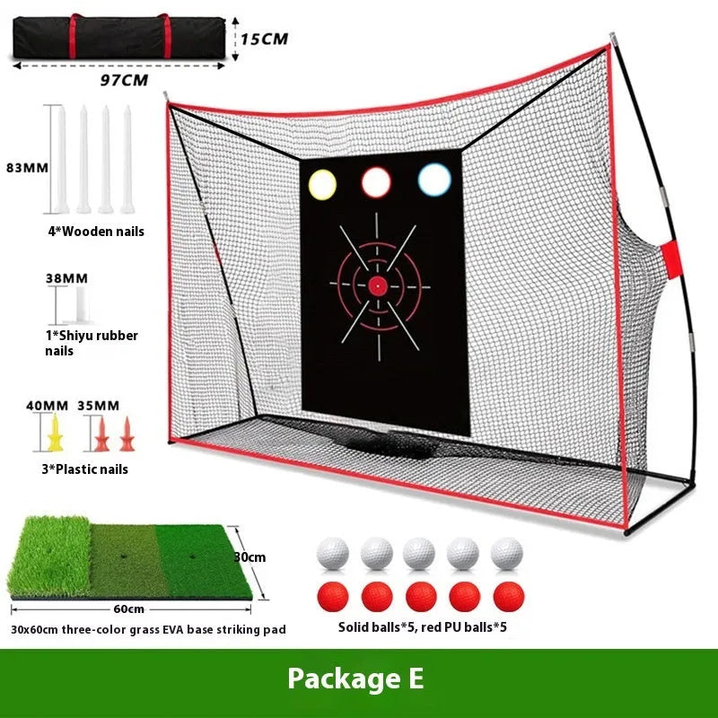Golf swing wedge training net with 3-hole target, straw mat, practice balls, and setup accessories