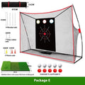 Golf swing wedge training net with 3-hole target, straw mat, practice balls, and setup accessories
