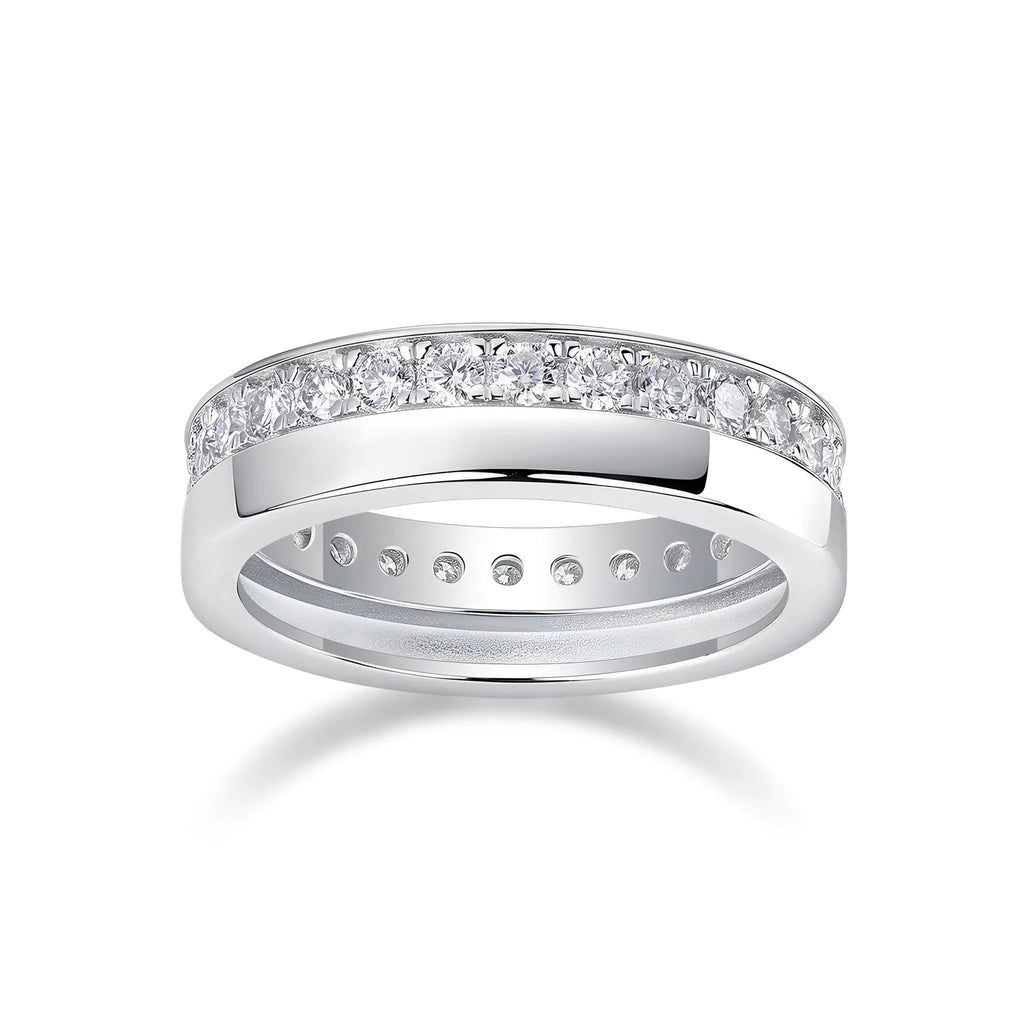 Moissanite wedding ring with gold-plated S925 silver setting on a white background