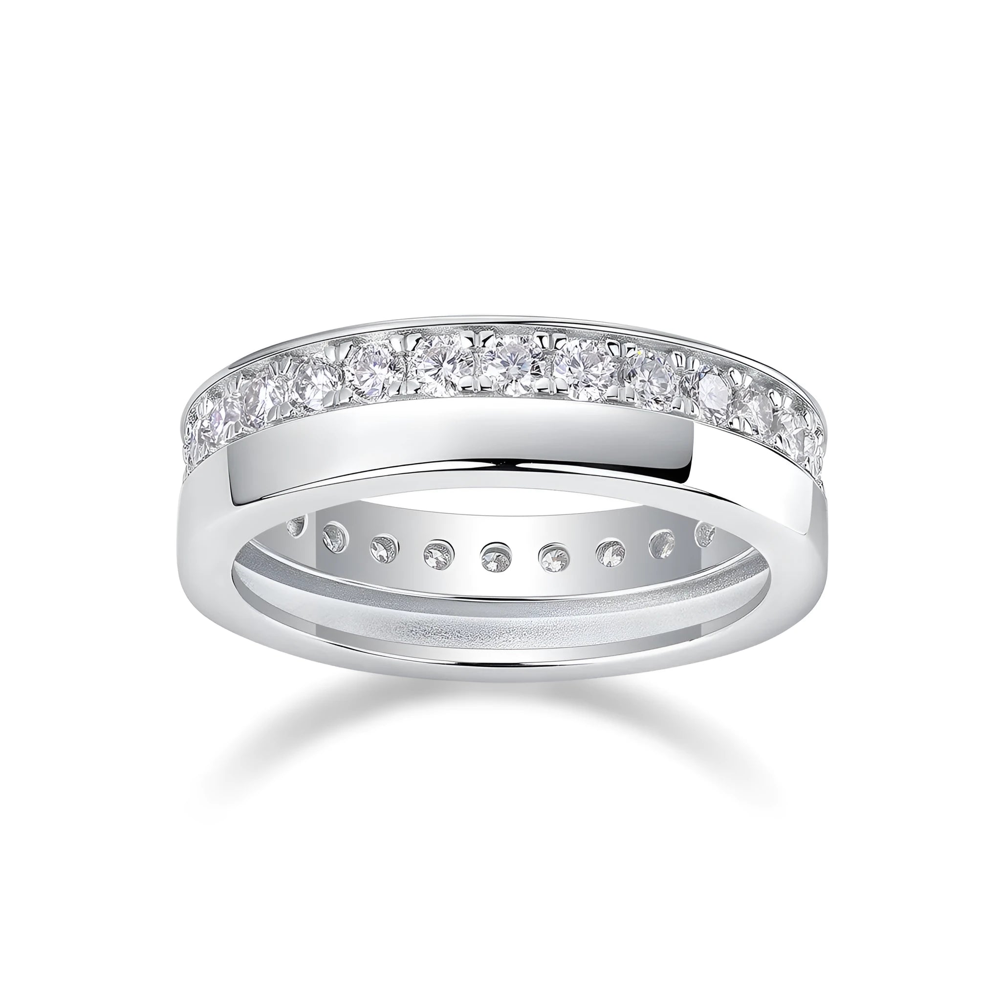 Moissanite wedding ring with gold-plated S925 silver setting on a white background