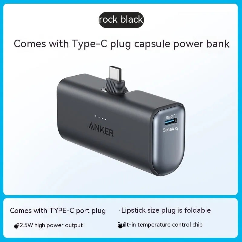 Compact capsule power bank in black white green blue pink colours showing 77x36x25mm size with Type C port