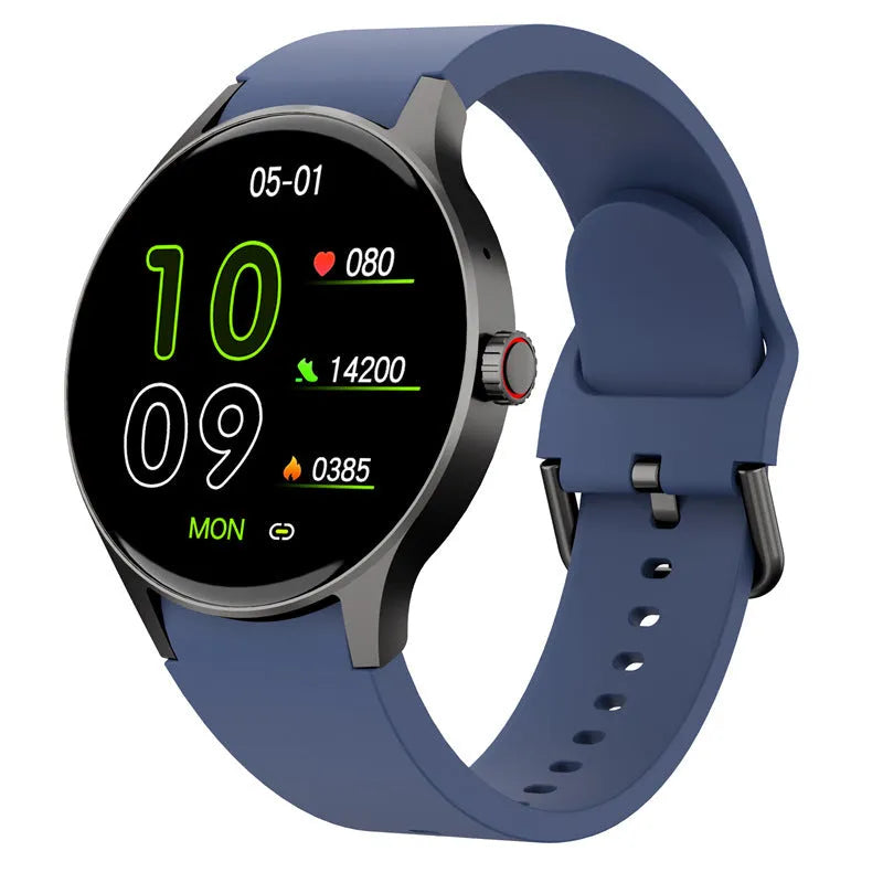 46mm diameter smart sport watch with circular touch screen in black, blue, pink, or red colours