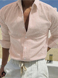 Blue striped long sleeve shirt with cardigan lapel collar on mannequin, showing front design