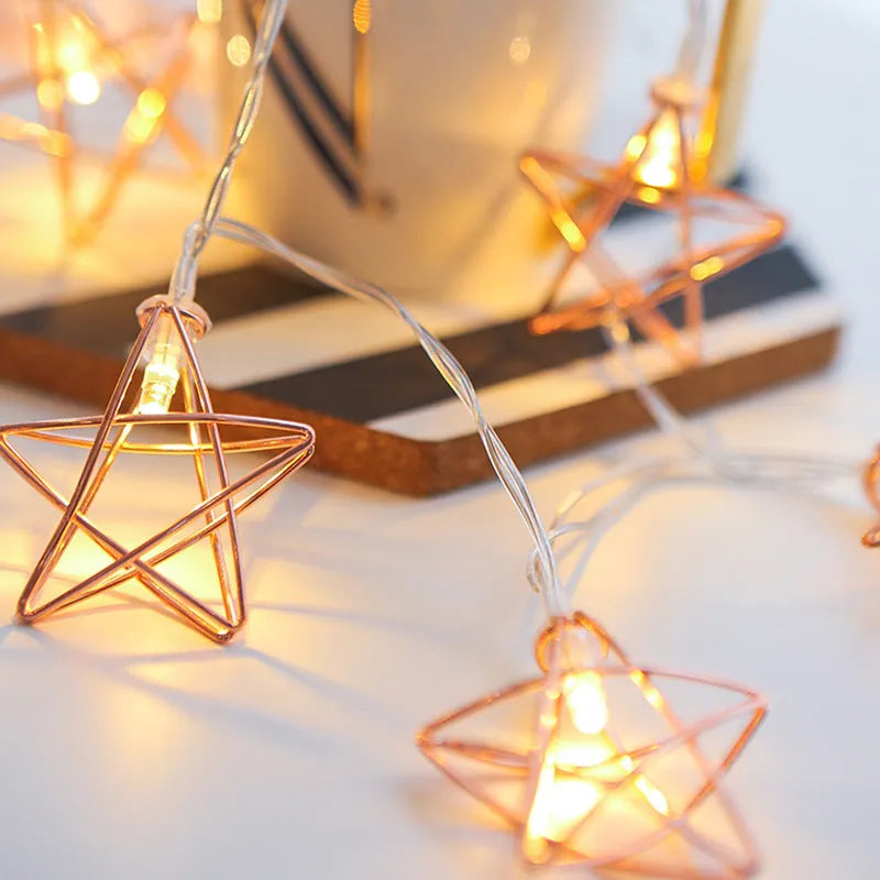 Rose gold five pointed star LED lamp string with 10 lights on 1.5m wire for indoor decoration