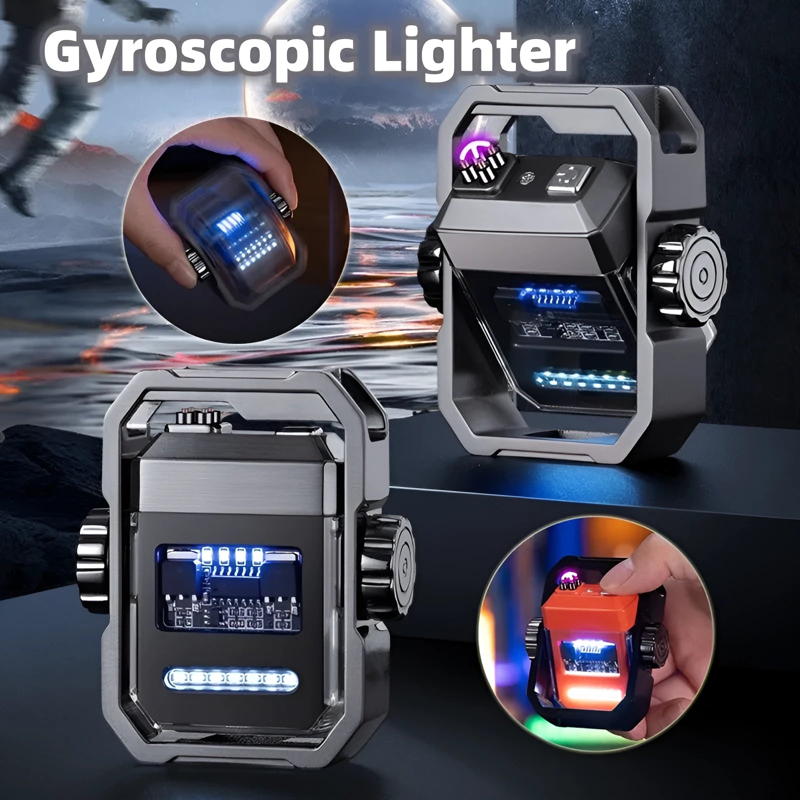 Blue windproof plasma electric lighter with a spinning metal gyroscope and USB Type-C charging port