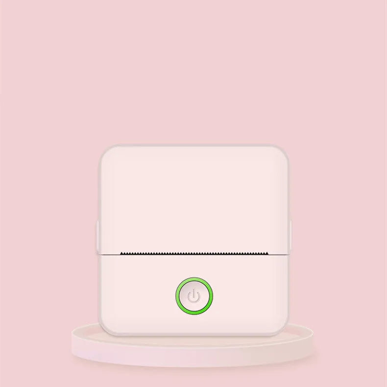 Portable thermal printer in white and pink with Bluetooth and USB charging cable