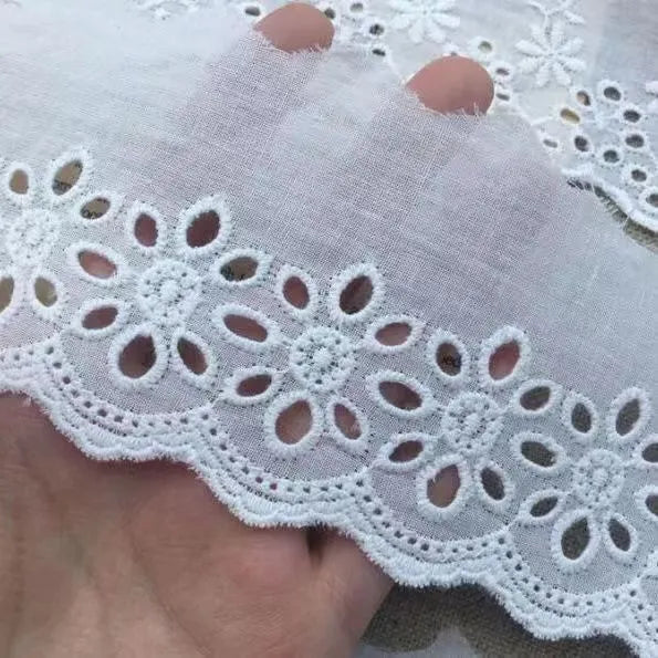 Cotton embroidered lace trim on roll showing cutout pattern, with width measurement examples