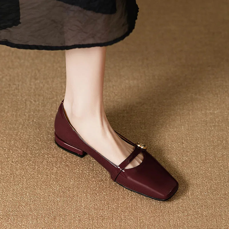 Wine red French low heel chunky heel pumps with square toe and microfiber upper