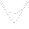 S925 sterling silver double-layer cross pendant necklace with twin diamonds on a clavicle chain.