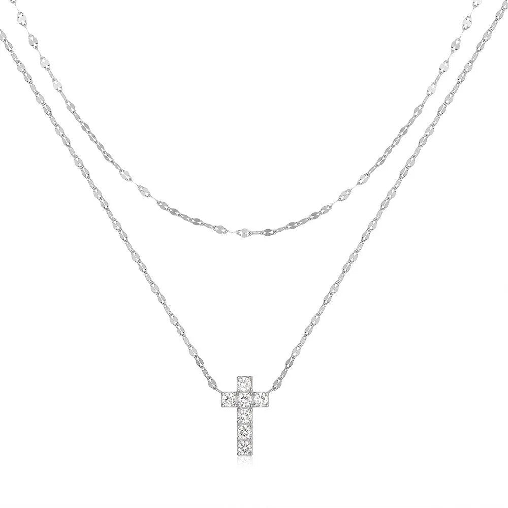 S925 sterling silver double-layer cross pendant necklace with twin diamonds on a clavicle chain.