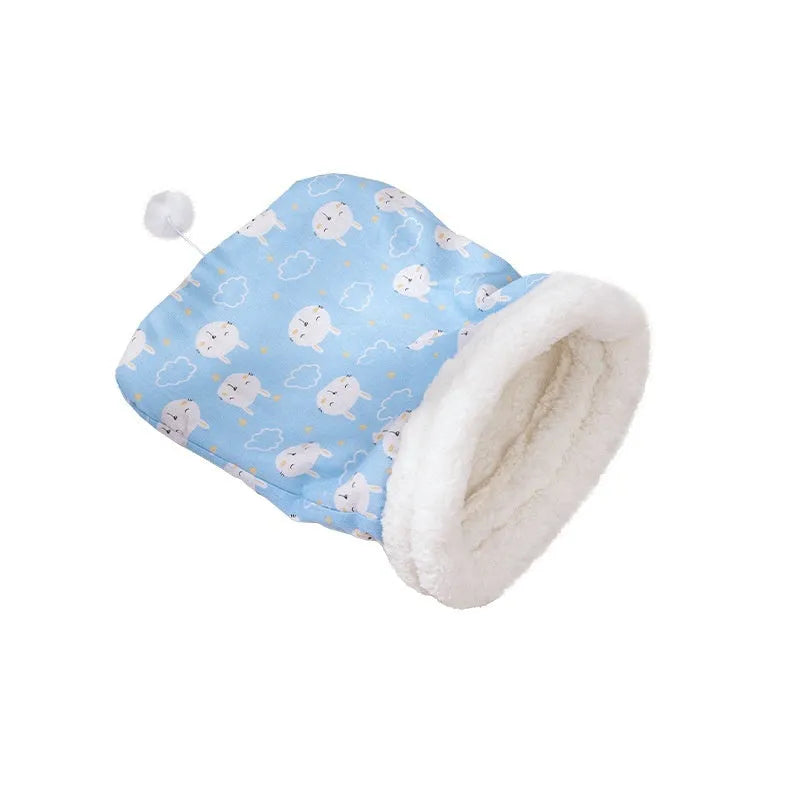 Flannel cat sleeping bag nest in pink Trojan design, showing cosy enclosed bed for pets.