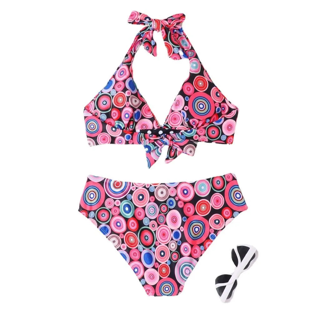 Women's printed high waist split bikini suit in striped pattern, quick-drying polyester spandex