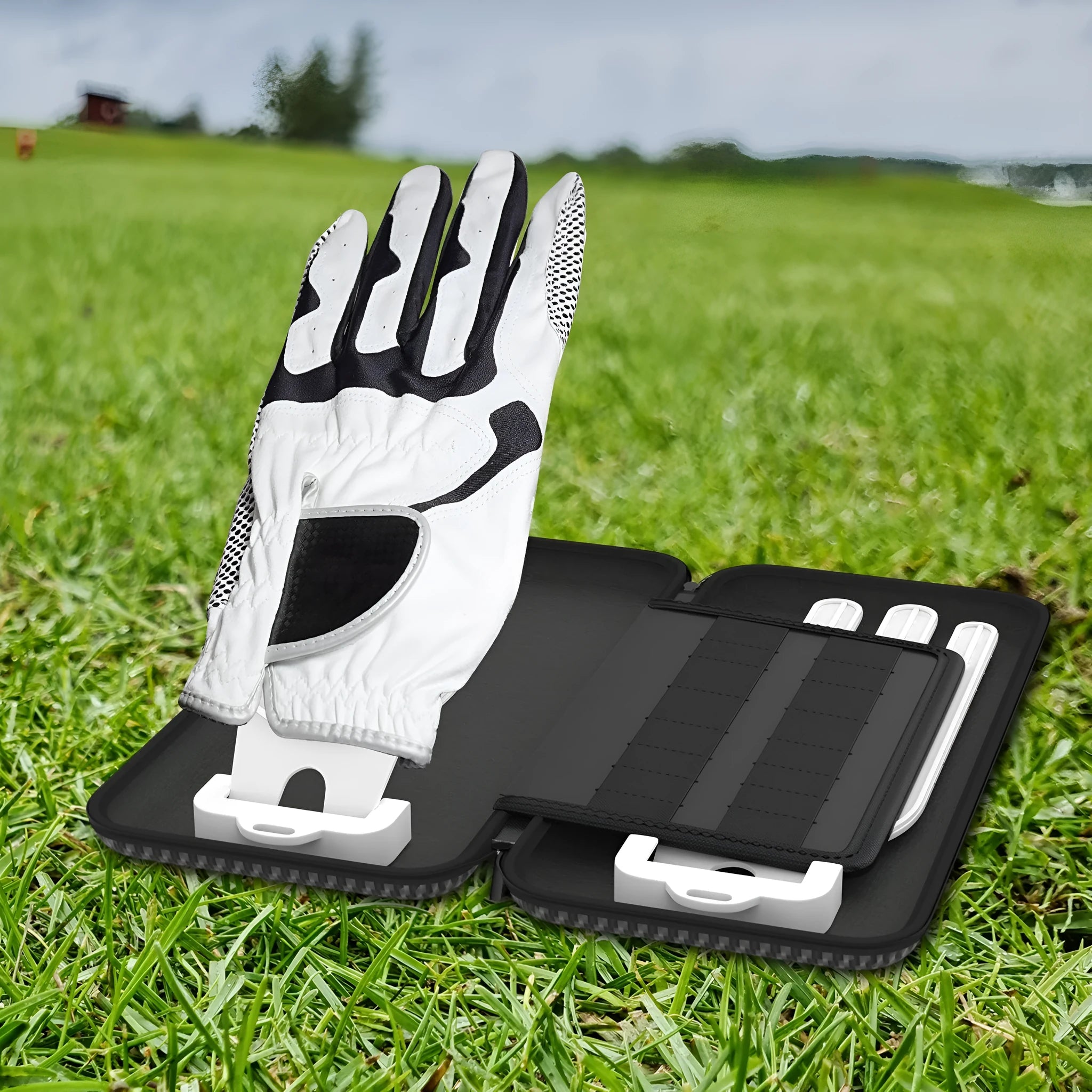 Silver grey golf double glove bag with two brackets for marking tool storage