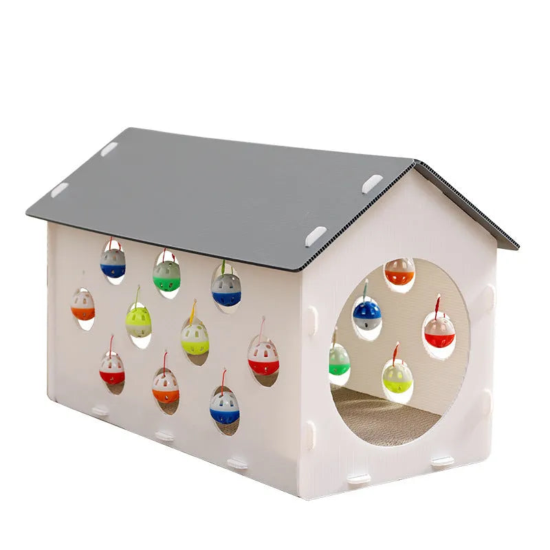 Integrated plastic cat scratch board nest with a tunnel and a hanging bell ball toy.