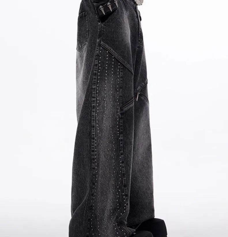 Korean style washed denim two-piece set with wide leg pants and matching waistcoat in black and grey