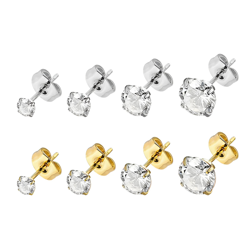 Titanium steel geometric zircon stud earrings with round and square stones in stainless steel construction