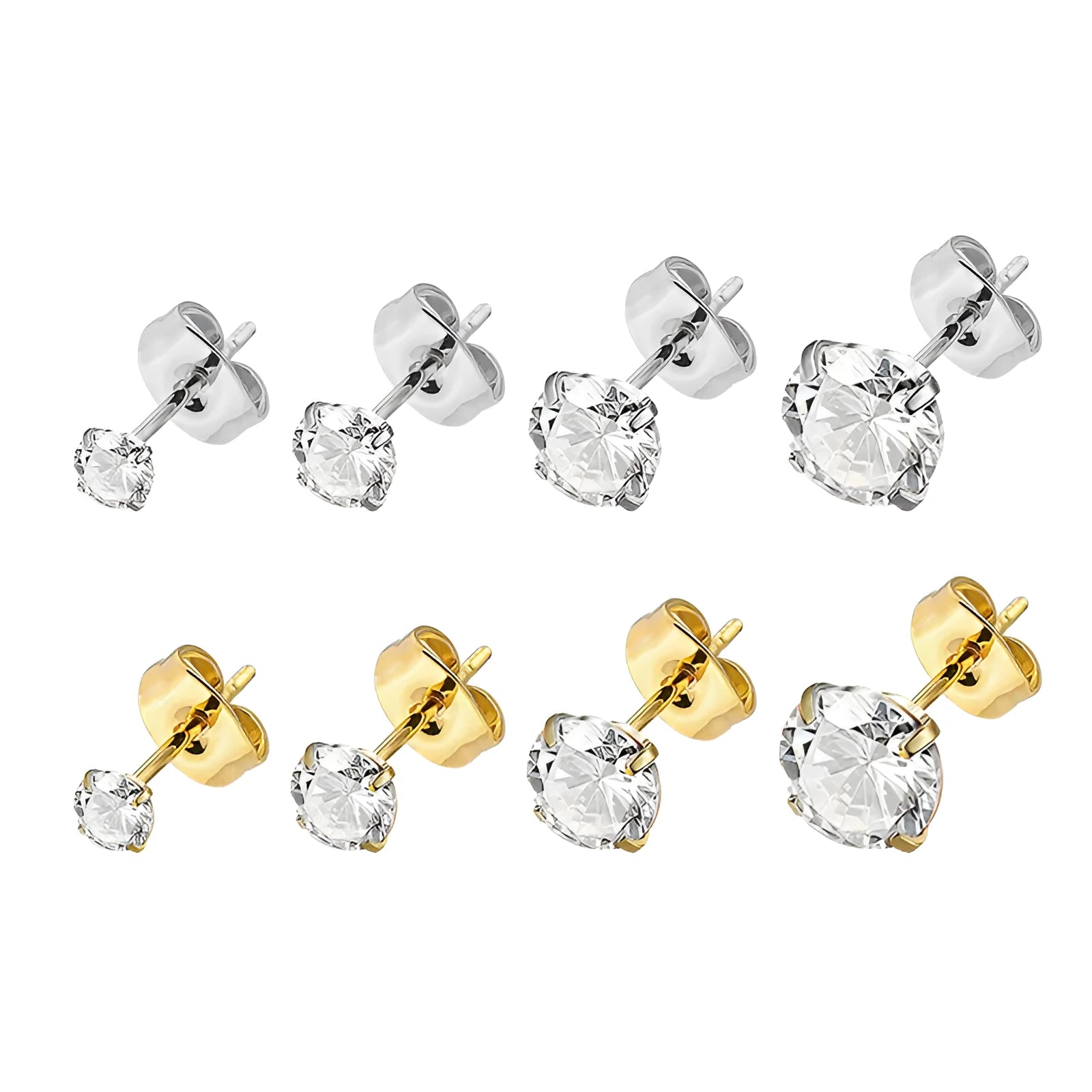 Titanium steel geometric zircon stud earrings with round and square stones in stainless steel construction