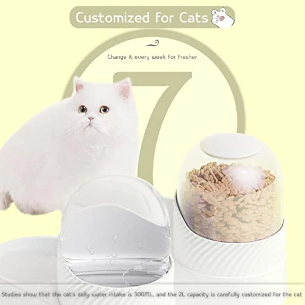 White automatic gravity cat feeder and water dispenser set with wave design.
