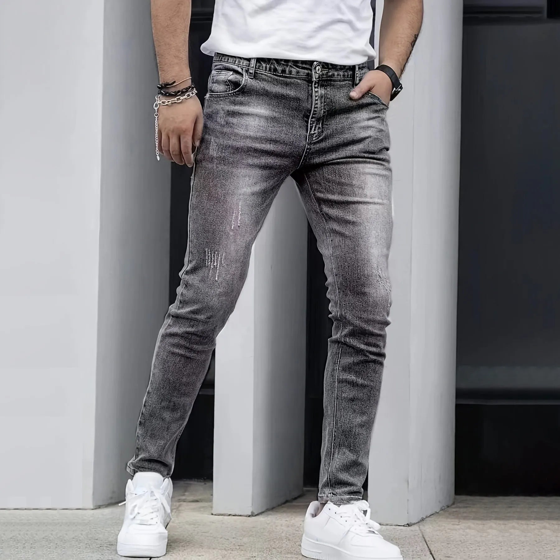 Men's black stretch jeans straight leg skinny fit casual trousers cotton spandex blend