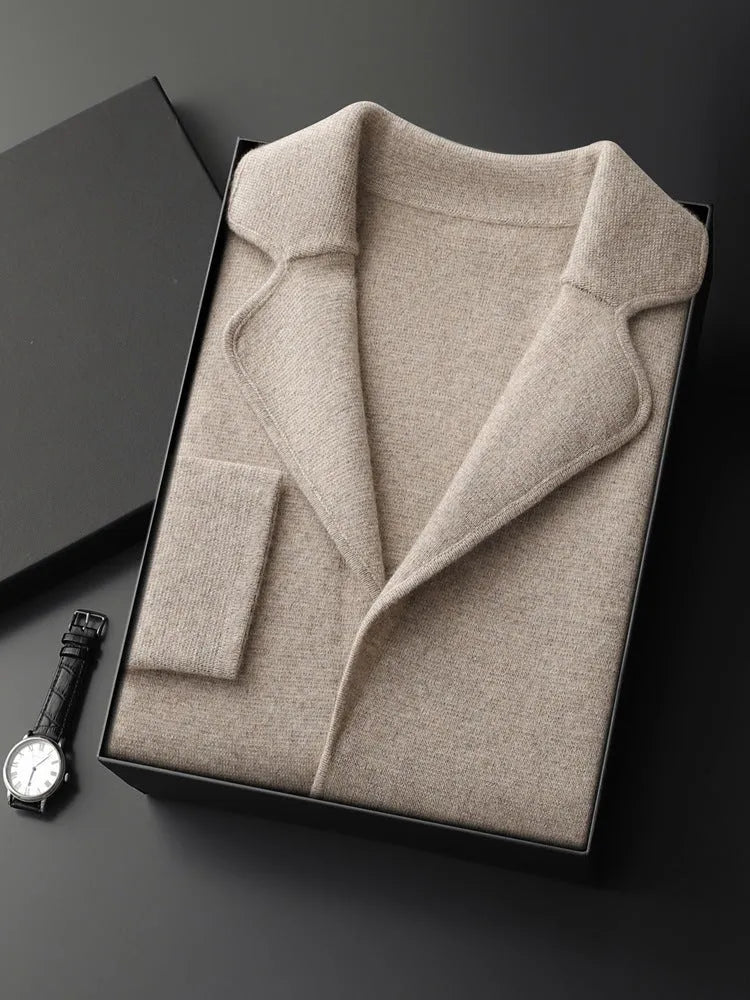 Men's loose fit cashmere cardigan sweater with lapel collar in light grey colour