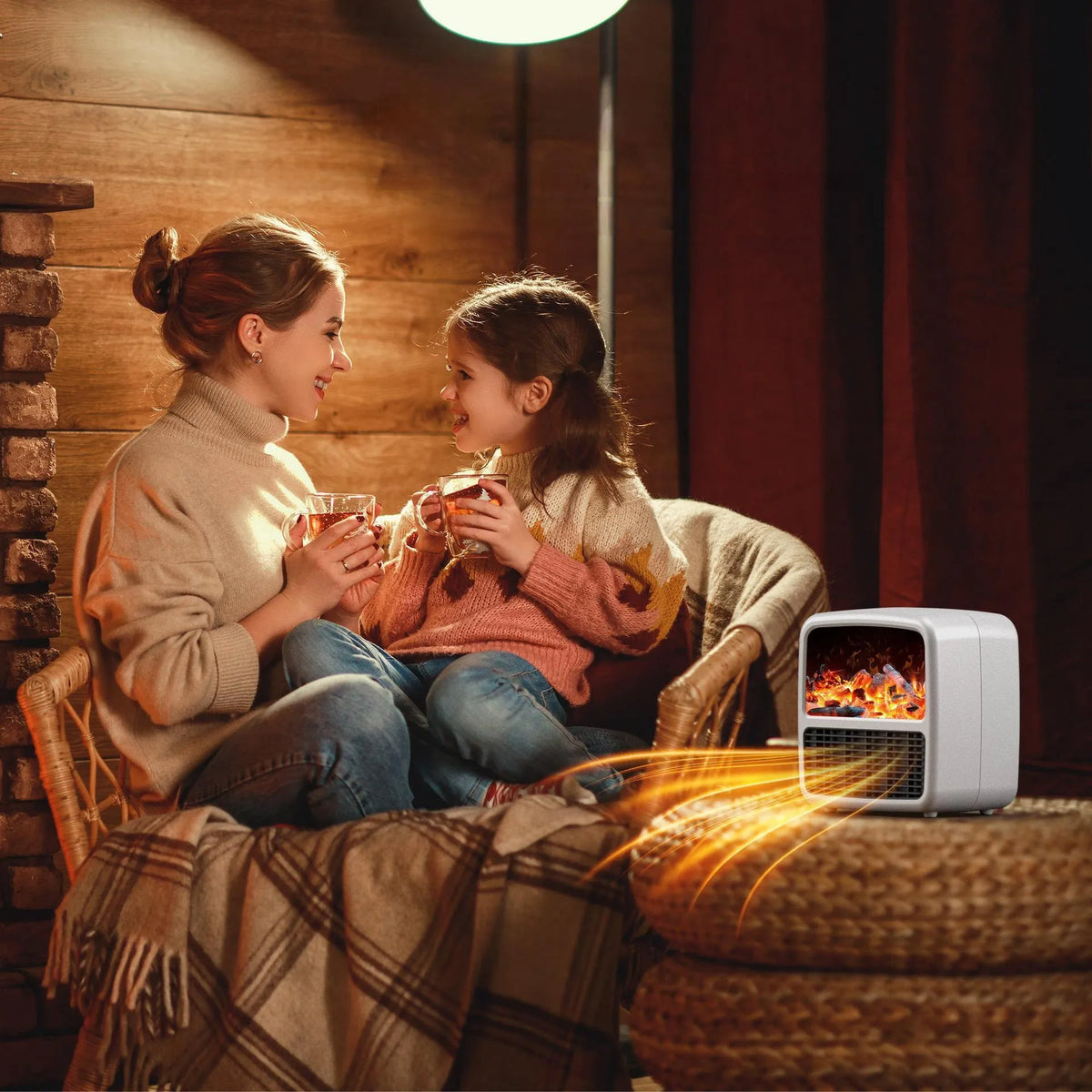 Black or white desktop electric space heater, 220x220x150mm, with ceramic heating, 1000-1500W power, and LED flame effect.
