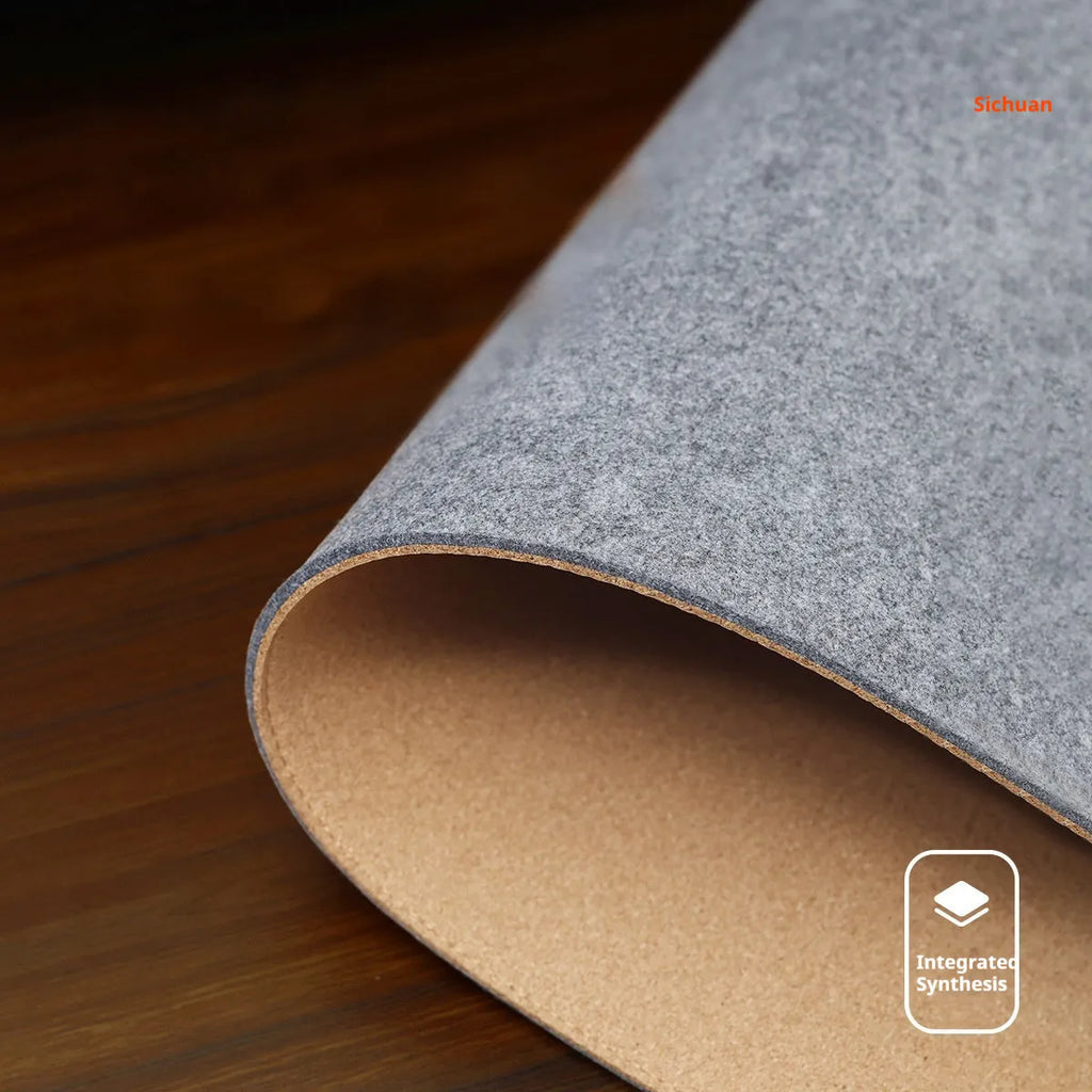 Winter office desk mat in grey felt cork material showing non-slip texture and oversized format