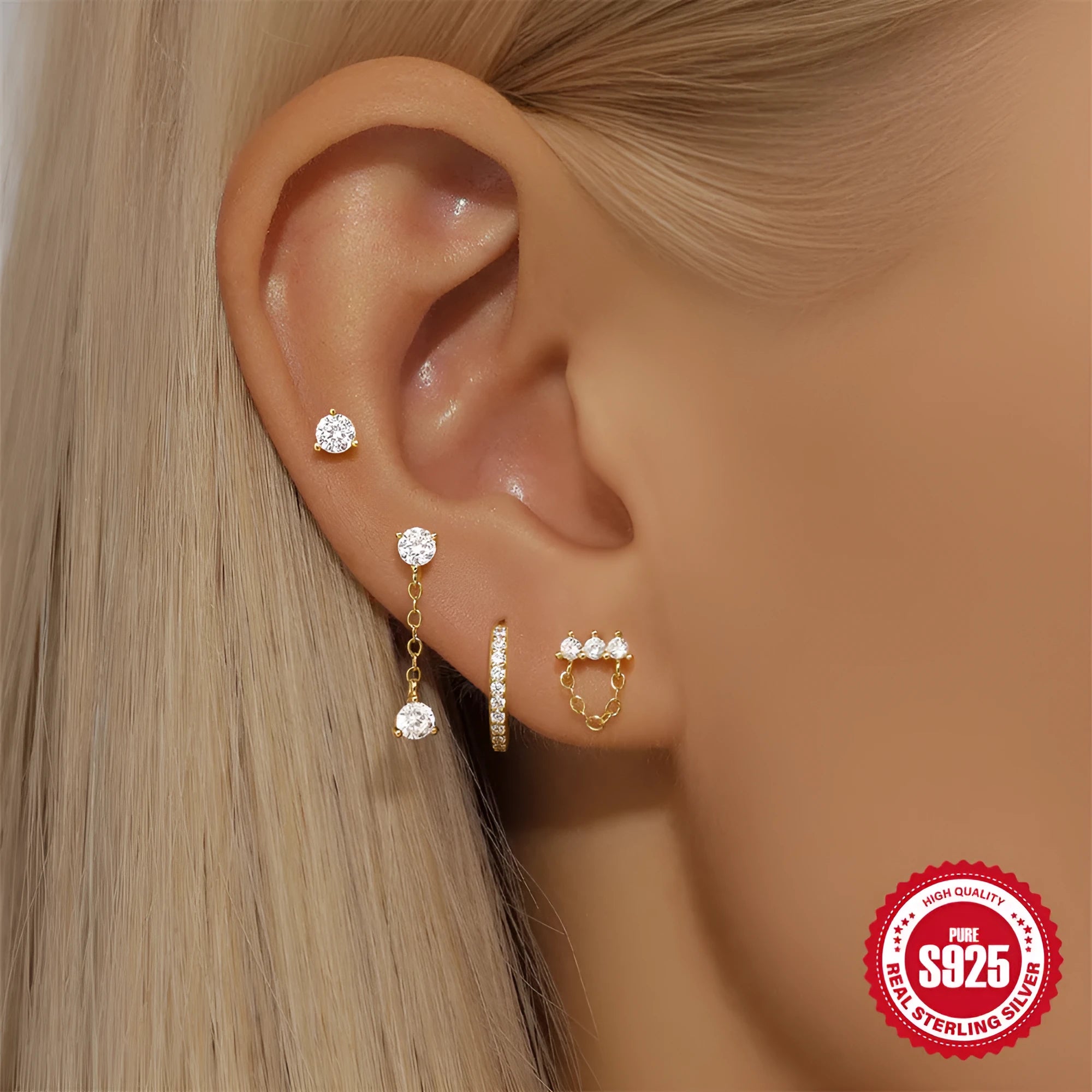 S925 sterling silver clover petal earrings with geometric design and electroplated gold finish