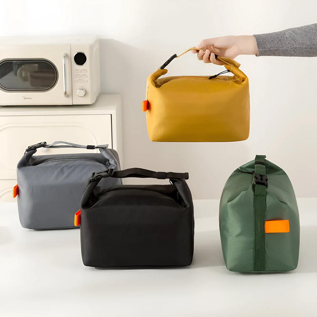 Insulated Japanese-style lunch bag in Army Green Oxford cloth showing size and opening.
