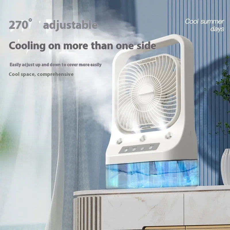 White USB rechargeable desk cooling fan with water tank and adjustable head