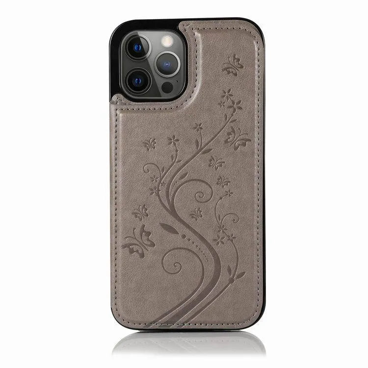 Butterfly embossed leather phone case, rear cover style, available in light purple, mint green, pink, and other colours.