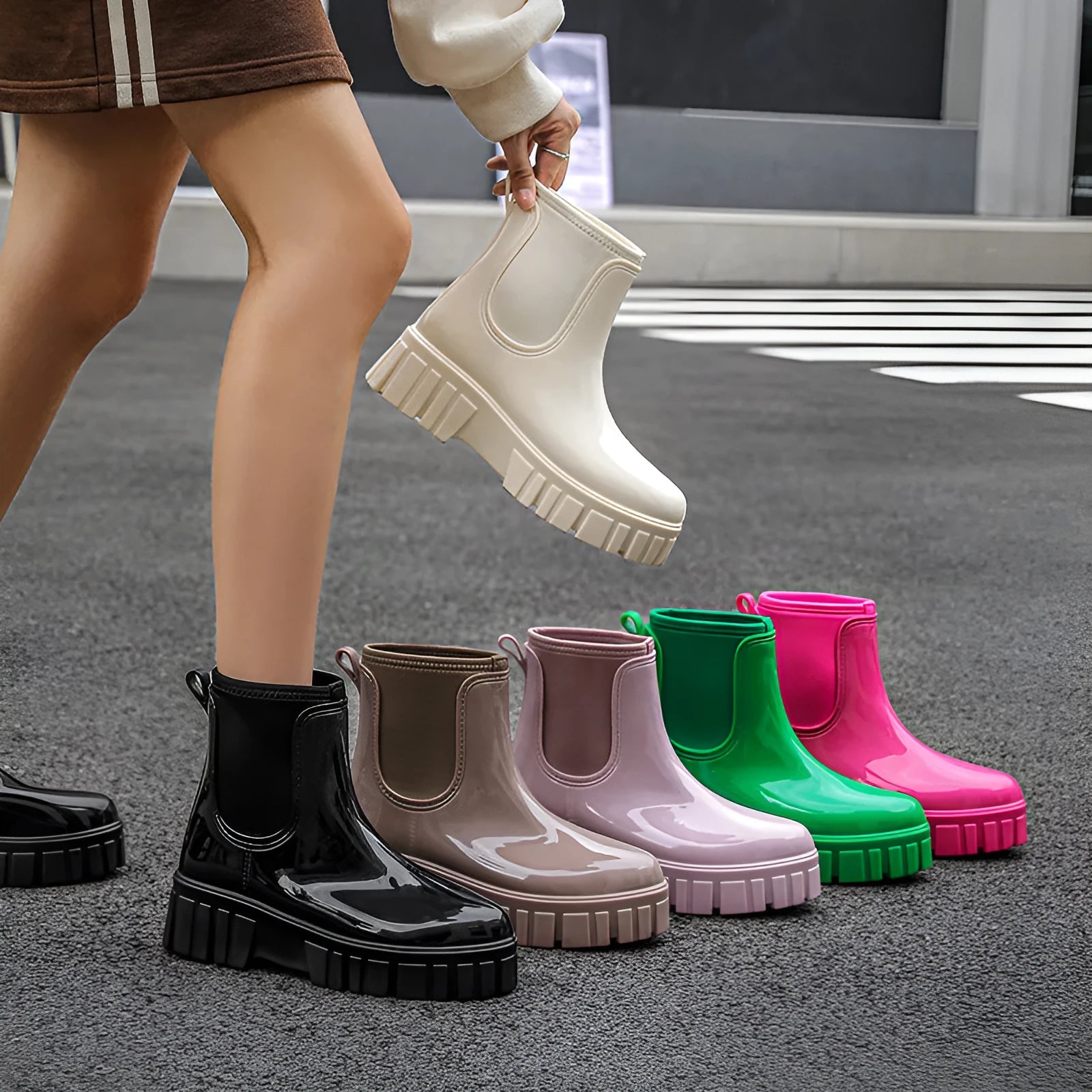 Women's creamy-white PVC rain boots with low tube shaft and flat heel on wet surface