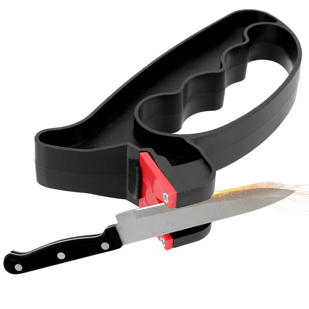 Black handheld knife and scissor sharpener with a tungsten steel blade