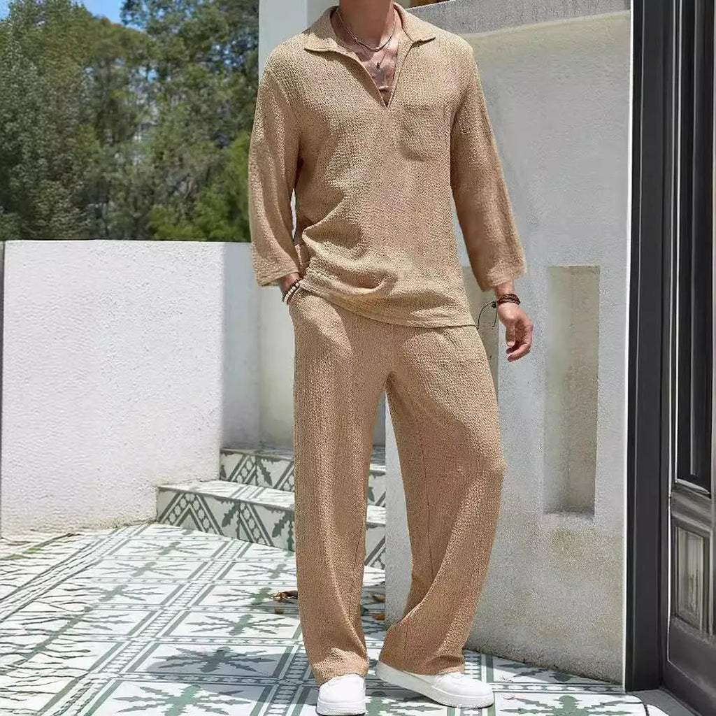 Men's casual shirt and trousers suit in polyester, shown in lake blue, khaki, black, and caramel colour options.