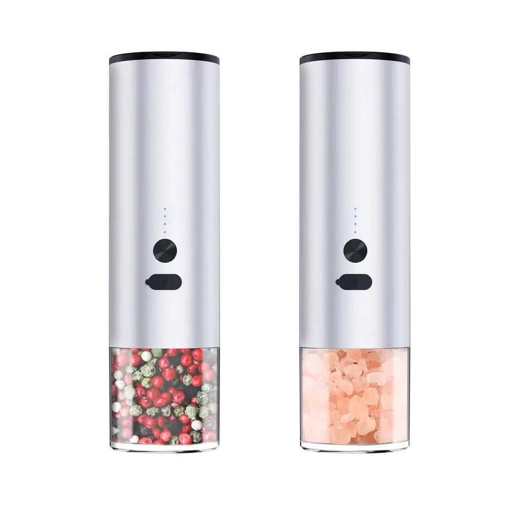 Electric salt and pepper grinder set with clear glass jar and stainless steel top