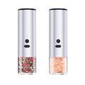 Electric salt and pepper grinder set with clear glass jar and stainless steel top