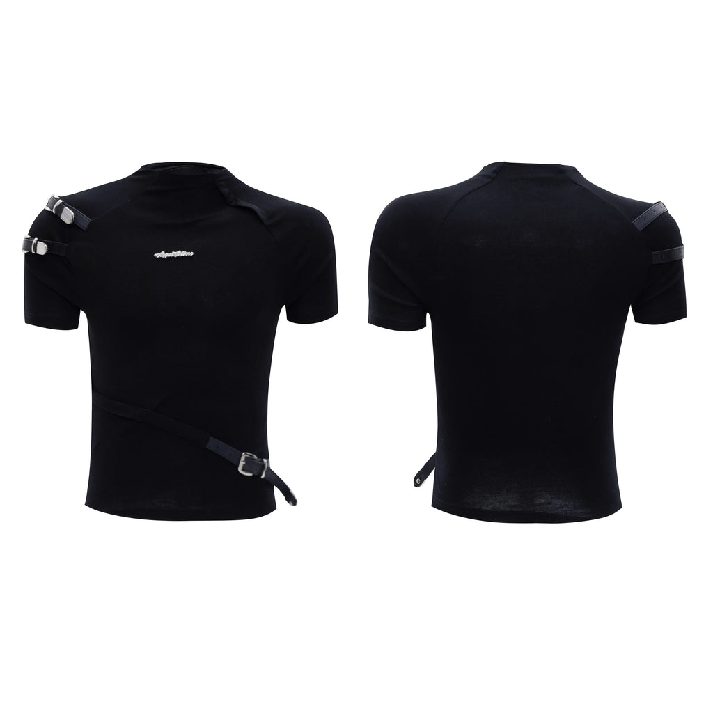 Men's slim fit black cotton short sleeve t-shirt with metal belt detail and stand-up collar.