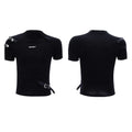 Men's slim fit black cotton short sleeve t-shirt with metal belt detail and stand-up collar.