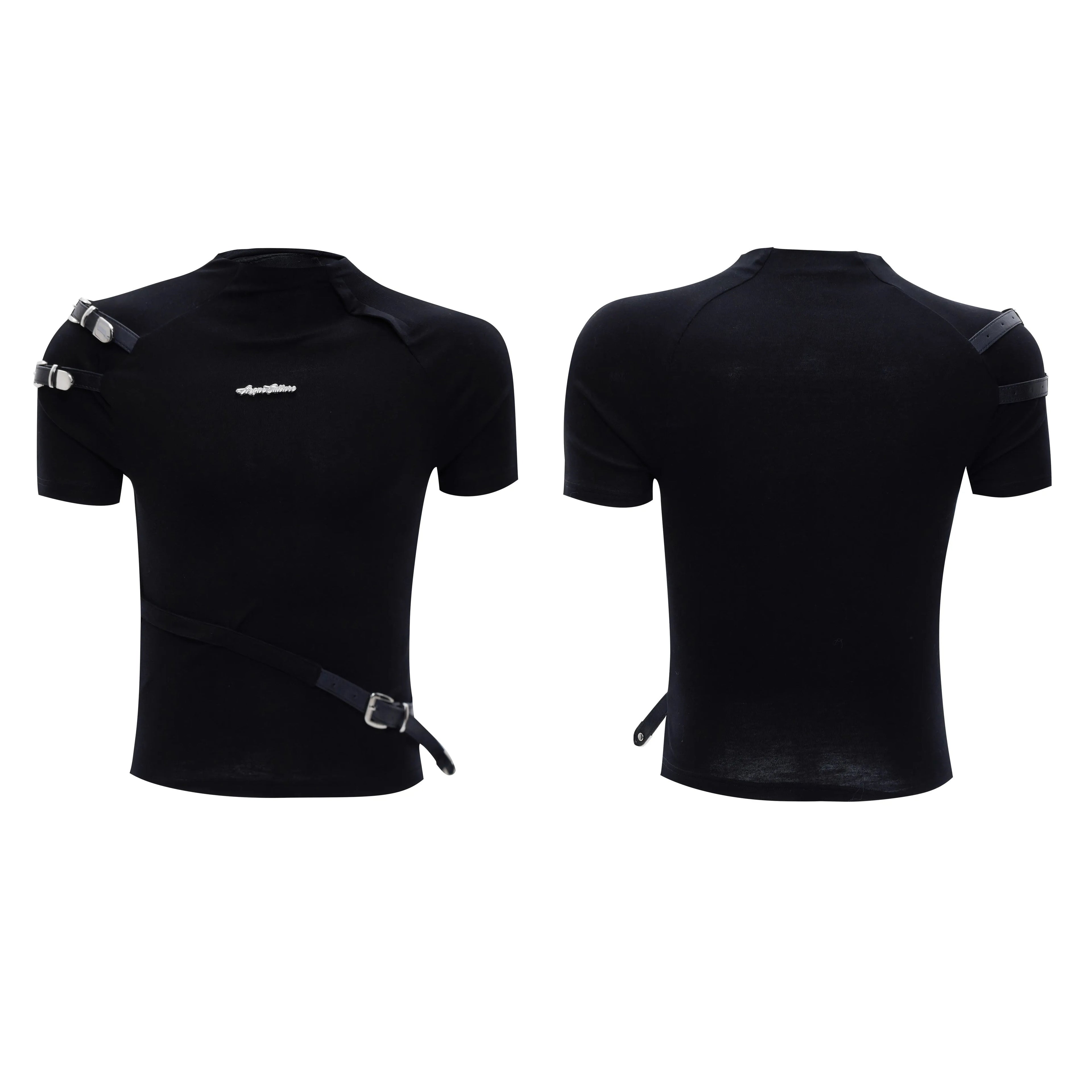 Men's slim fit black cotton short sleeve t-shirt with metal belt detail and stand-up collar.