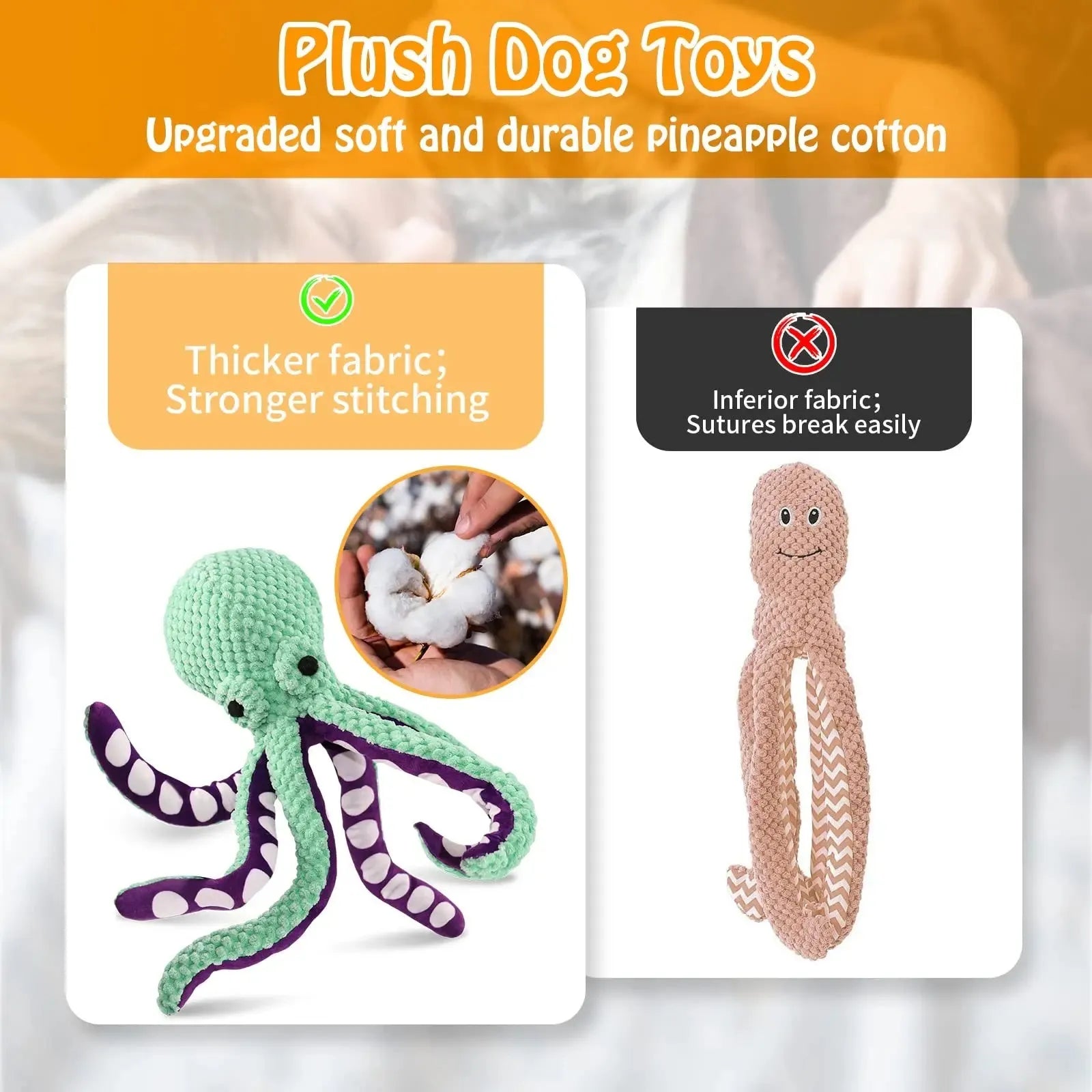 Blue plush squeaky dog toy with six long legs and cartoon design.