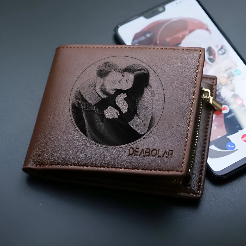 Men's genuine leather wallet with zipper closure, individually packaged for gifting occasions