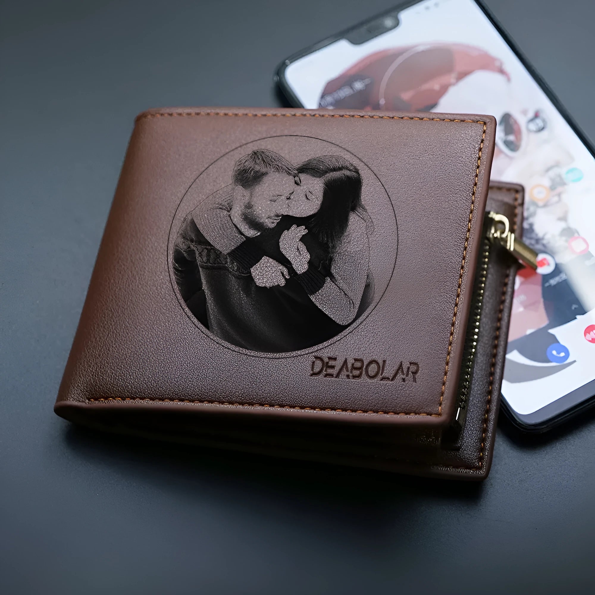 Men's genuine leather wallet with zipper closure, individually packaged for gifting occasions