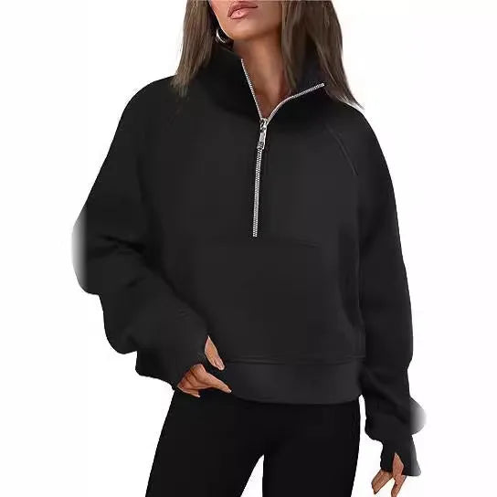 Women's loose lapel fleece-lined sweater in a solid colour showing raglan sleeve design