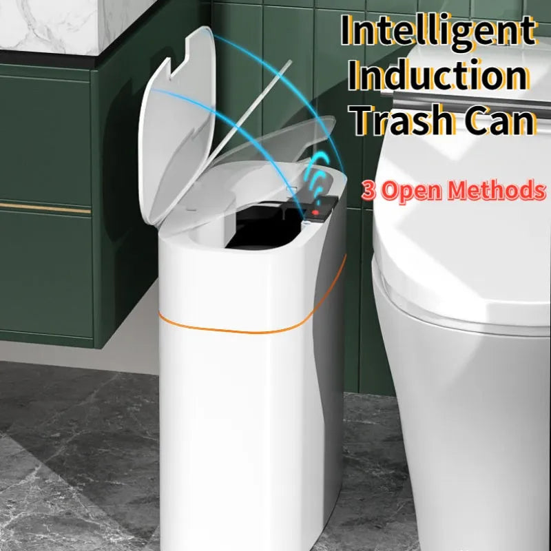 White induction smart trash can with automatic lid on a kitchen floor.