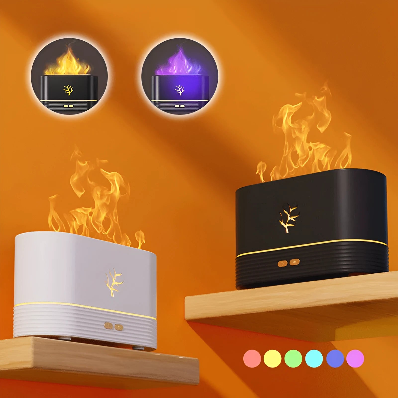 Square white or black USB flame humidifier with LED fire effect and mist output