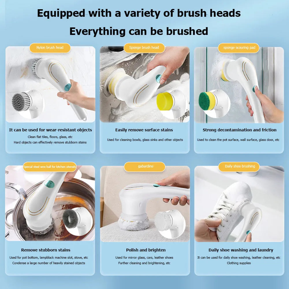 White cordless electric handheld spin scrubber with five different cleaning brush heads and a USB charging cable.