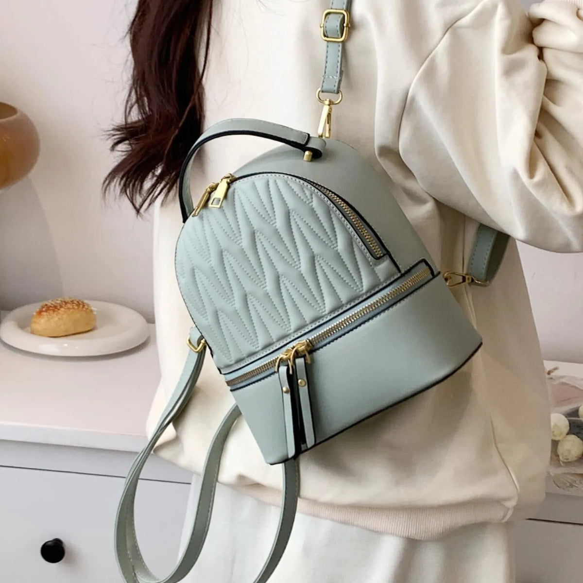 Women's PU backpack in brown, black, khaki, green or white with sandwich pocket, 22cm height and 19cm bottom width