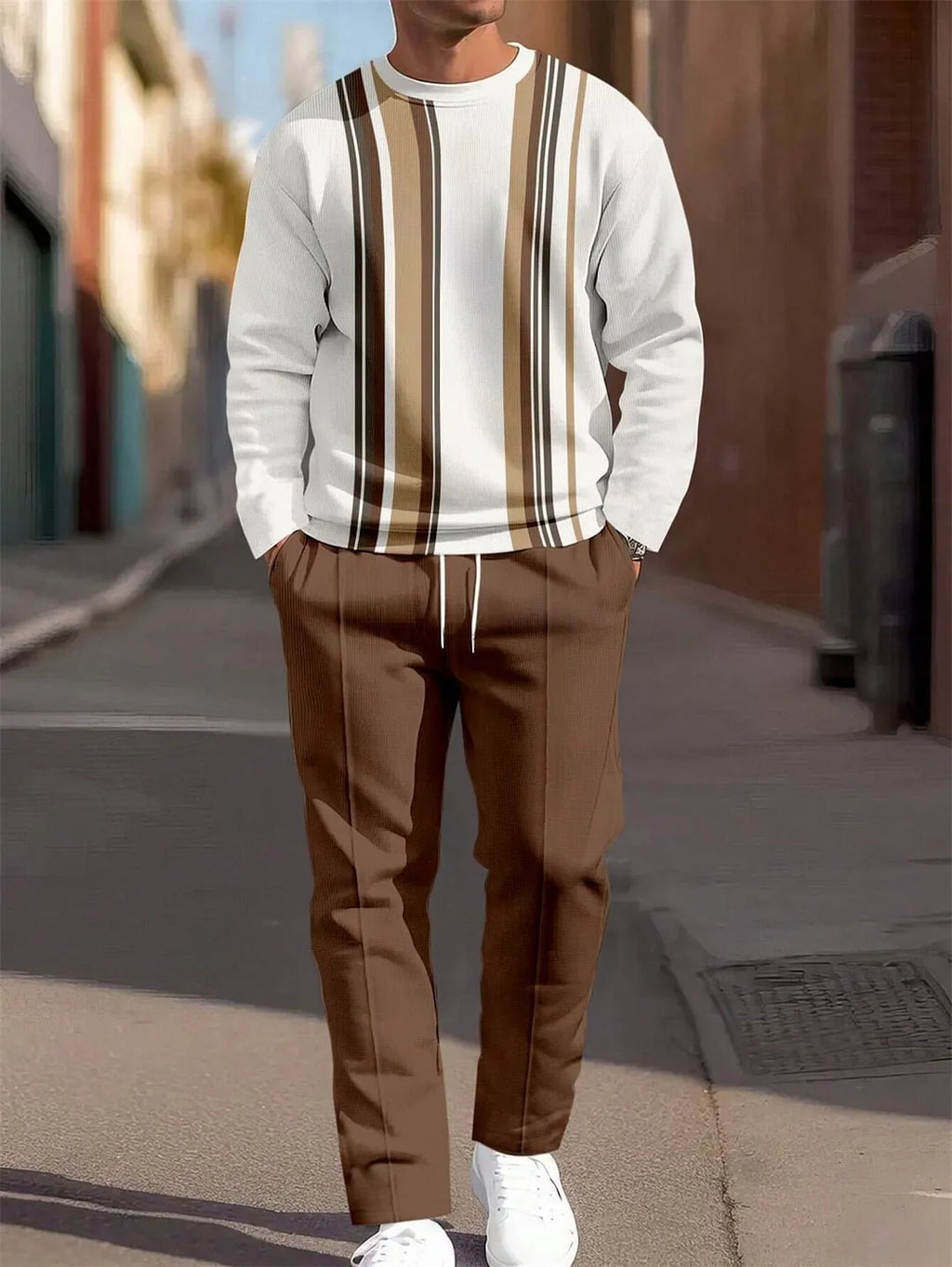 Men's casual sporty round neck sweatshirt and pants two-piece set in polyester blend, long sleeves, long pants, multiple colours