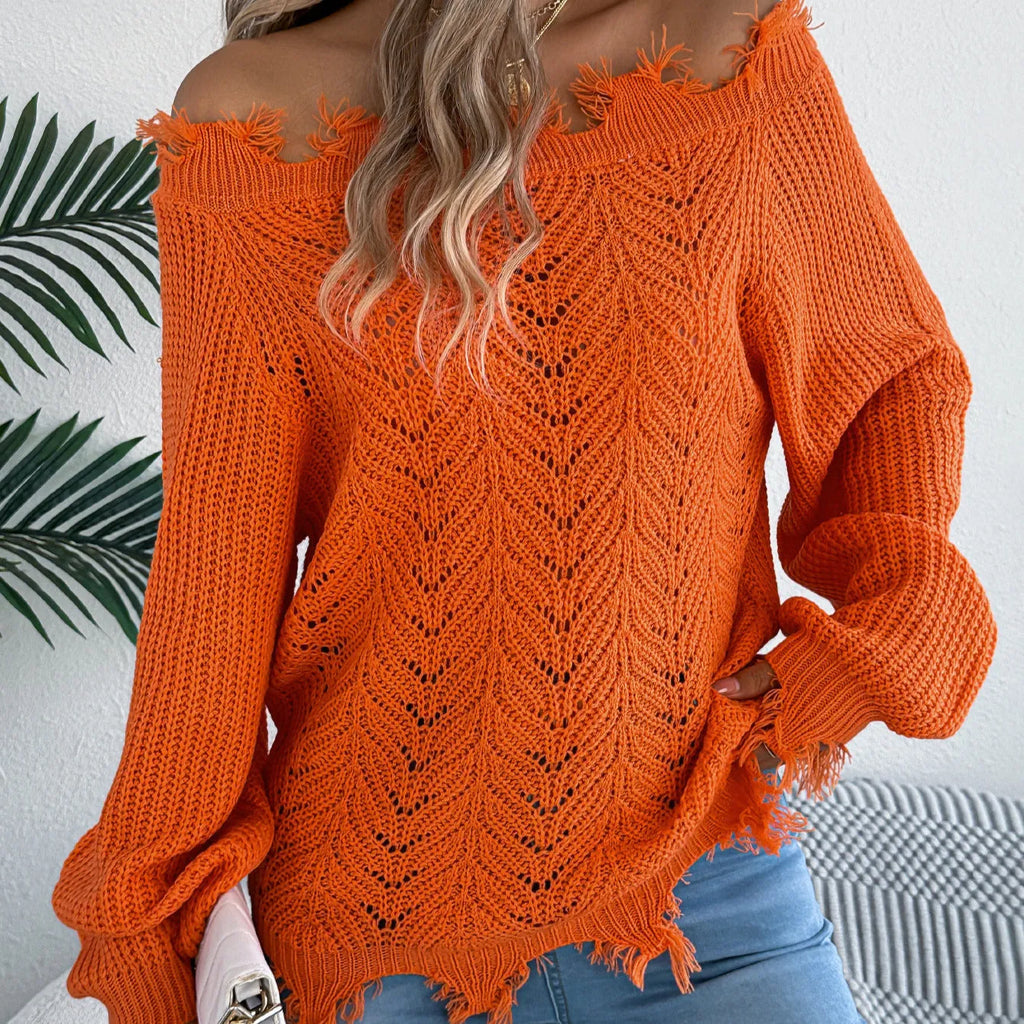 Women's white hollow-out cut off shoulder pullover sweater with long sleeves