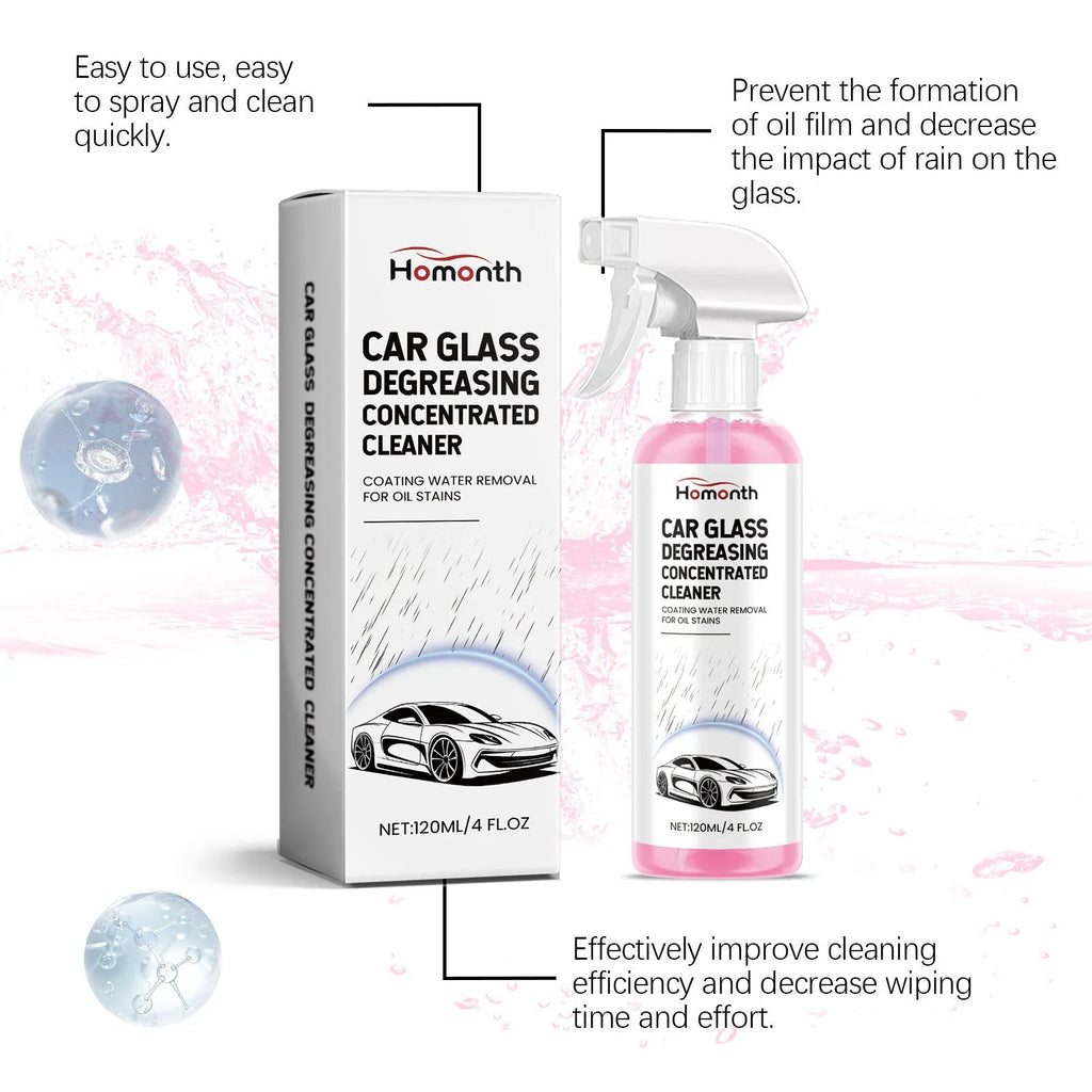 Car glass cleaner 120ml bottle with surfactant, penetrant, and preservative ingredients, 4.3x19.8cm size for auto glass