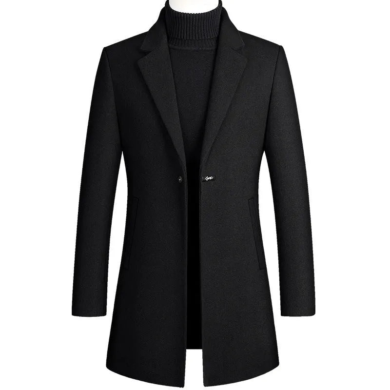 Korean style long woolen trench coat with one button, slim fit, straight hem, in army green colour